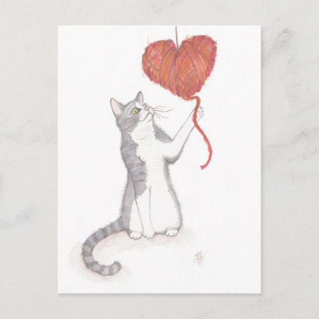 Kitty & Yarn Herz Valentine Feiertagspostkarte (Vorderseite)