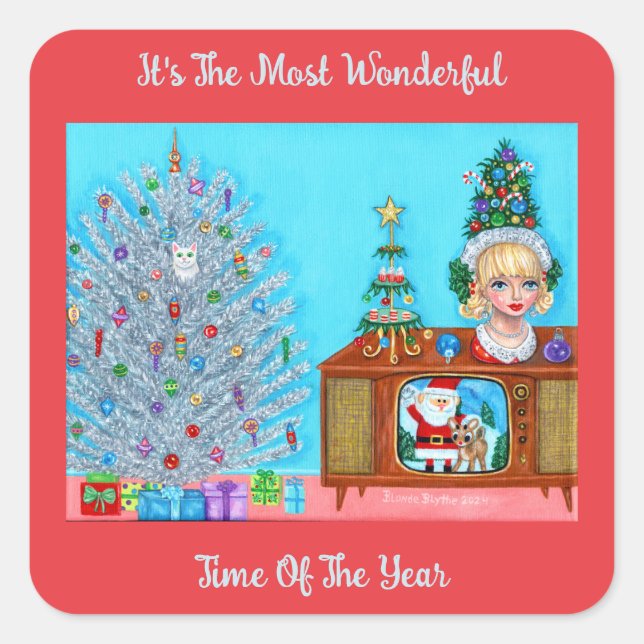Kitty's First Christmas Tree Head Vase Santa Claus Quadratischer Aufkleber (Vorderseite)