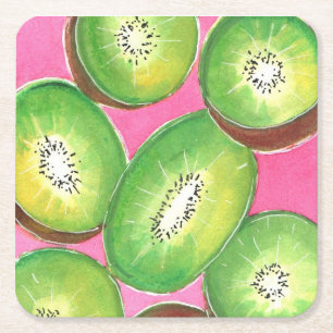 Kiwi auf rosa Cocktailserviette Nebel grün und ros Rechteckiger Pappuntersetzer