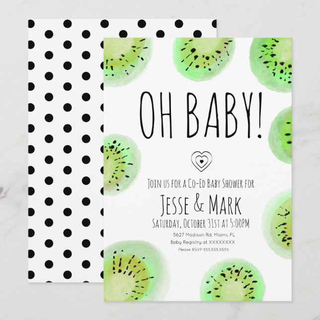 Kiwi Baby Shower Watercolor Polk Dots Einladung (Vorne/Hinten)