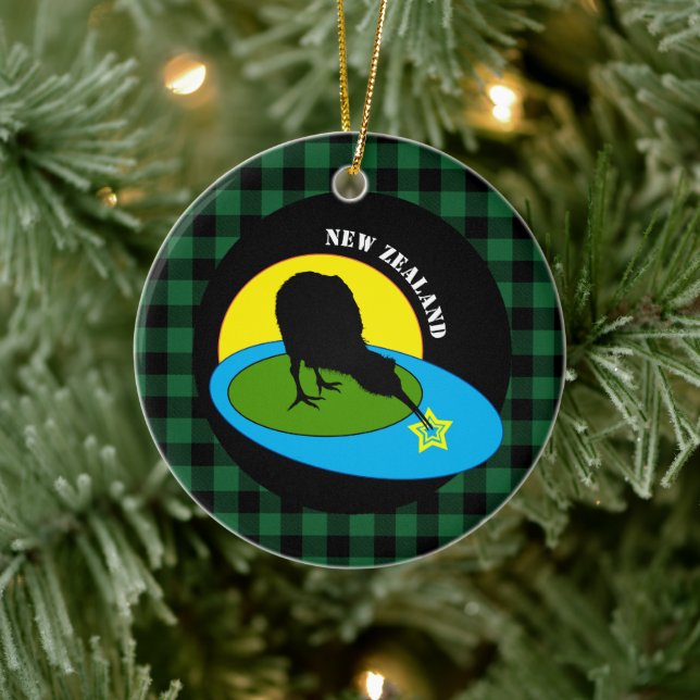 Kiwi Bird & Neuseeland Green Buffalo Kariert rusti Keramik Ornament (Baum)