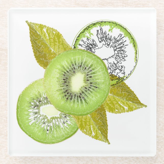 Kiwi, Früchte, grün, Scheibe, frisch, grün und wei Glasuntersetzer (Vorderseite)