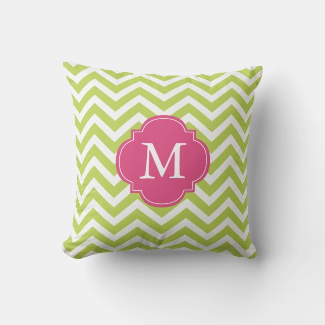 Kiwi Green Fuschia Zigzag Muster Monogram Kissen (Vorderseite)