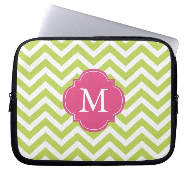 Kiwi Green & Fuschia Zigzags Muster Monogram Laptopschutzhülle (Vorderseite)
