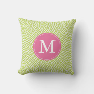 Kiwi Green Pink Griechisches Schlüsselmuster Monog Kissen