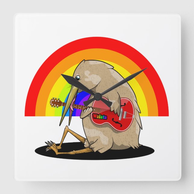 kIWI spielt akustische Gitarre Quadratische Wanduhr (Vorderseite)