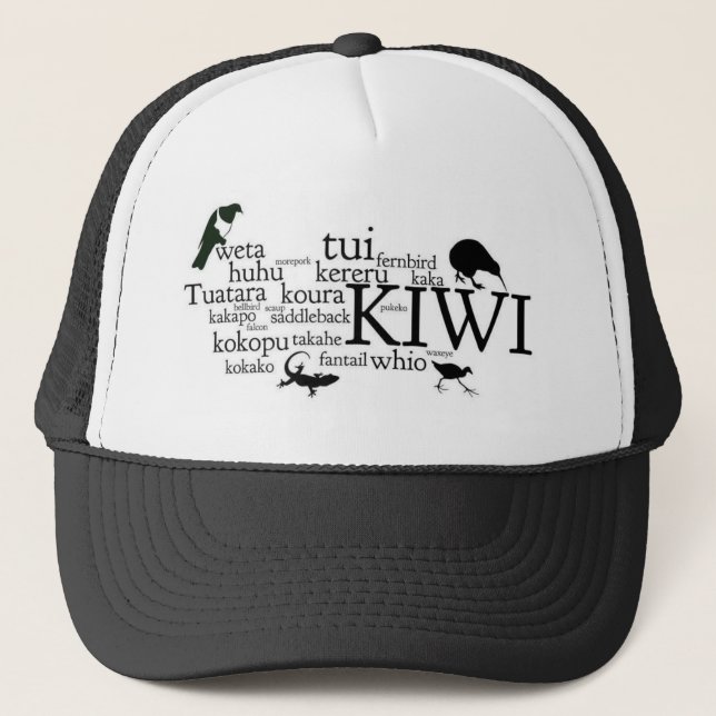 Kiwiana Hut - ikonenhafte Neuseeland-Tiere Truckerkappe (Vorderseite)