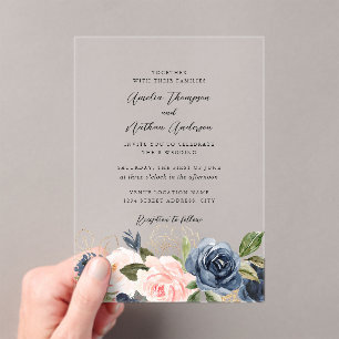 Klare Navy-Rosé-Blumenhochzeit Acryleinladungen