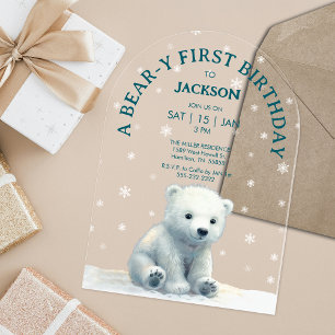 Klarer Eisbär-Baby-Erstgeburtstag Acryleinladungen