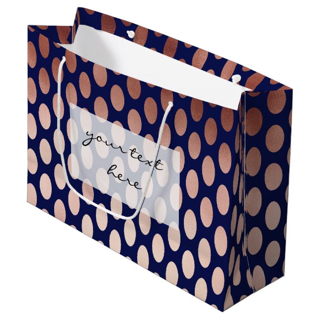 klares Rosengoldmarineblau-Polka-Punktmuster Große Geschenktüte (Vorderseite Schrägansicht)
