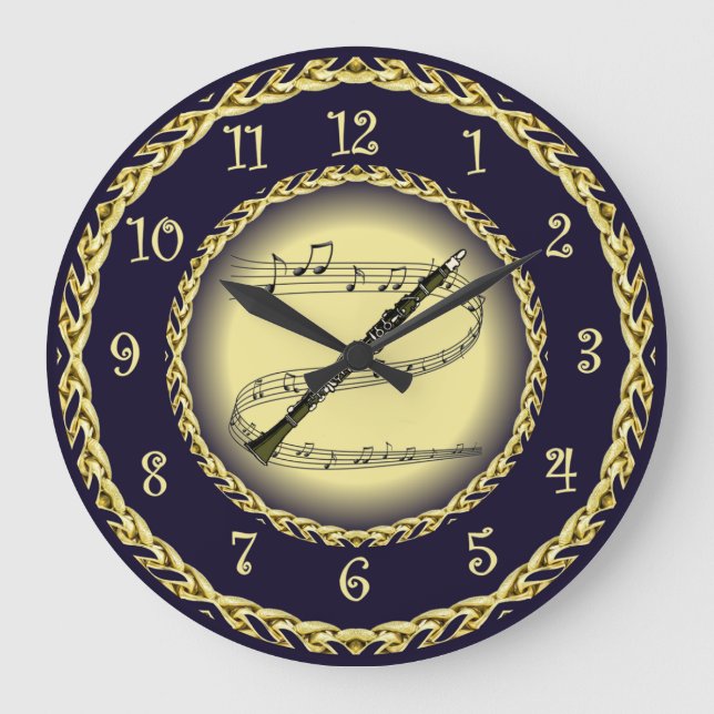 Klarinette ~ Musikalische Scroll ~ Gold/Navy Blue  Große Wanduhr (Vorderseite)
