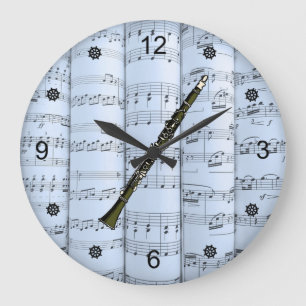 Klarinette~RollSheet Music~Blue Tint Hintergrund~  Große Wanduhr