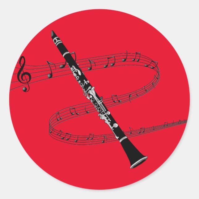 Klarinette zum Hintergrund der roten Musik Runder Aufkleber (Vorderseite)