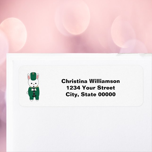 Klarinettenband Rabbit Green Rücksendeadresse (A return address label with a bunny playing the clarinet wearing green & gold.)