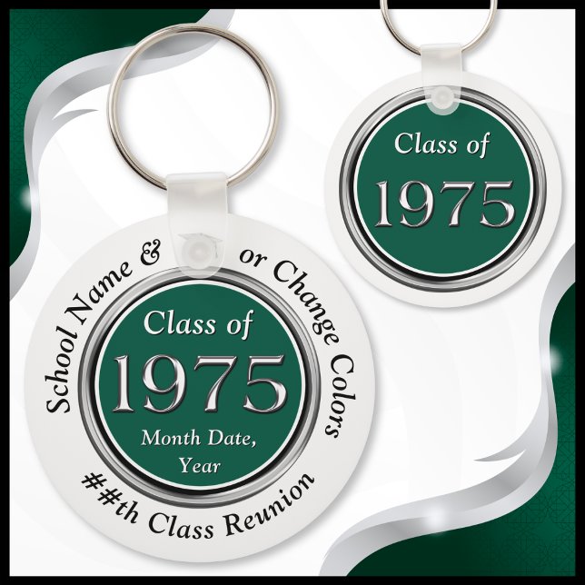 Klasse 1975 50. Wiedersehen, Klasse 1975 Souvenir Schlüsselanhänger (Forest Green, White, Black and Silver, Class of 1975 Reunion Gifts. Class of 75 50th class reunion.)