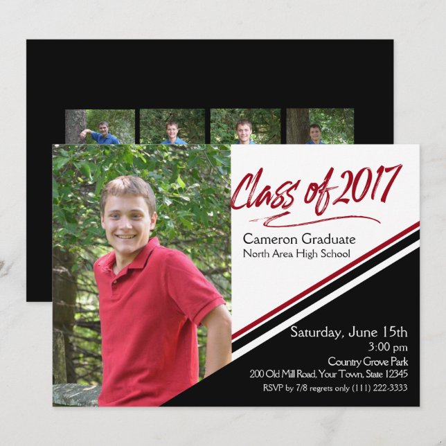 Klasse 2017 Handschrift Schwarzes und Rotes Foto Einladung (Vorne/Hinten)