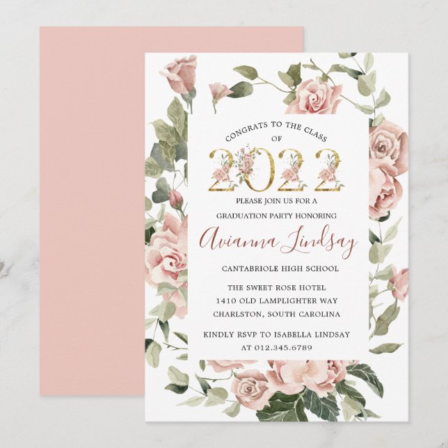 Klasse 2022 Rosa Rose Abschluss Invitati Einladung (Vorne/Hinten)