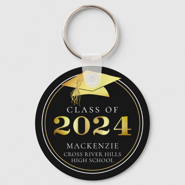Klasse 2023 Elegantes Schwarzes Gold Personalisier Schlüsselanhänger (Vorderseite)