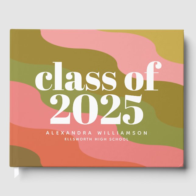 Klasse 2023 Retro Groovy Rosa und grüner Name Gästebuch (Vorderseite)