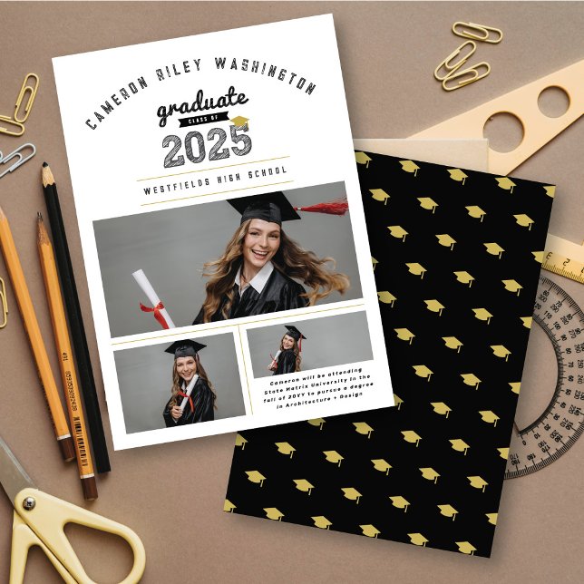 Klasse 2024 Foto-Abschluss für Hochschulabsolvente Einladung (Class Of 2025 Bold Black & White Sketch Typography, 3 Photo Collage Graduation Announcement Card)