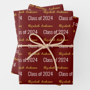 Klasse 2024 Grad Vollständiger Name Dunkelrot-weiß Geschenkpapier Set