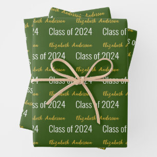 Klasse 2024 Grad Vollständiger Name Grün-Weiß-Gold Geschenkpapier Set