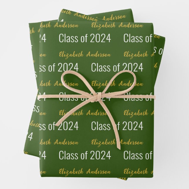 Klasse 2024 Grad Vollständiger Name Grün-Weiß-Gold Geschenkpapier Set (Beispiel)