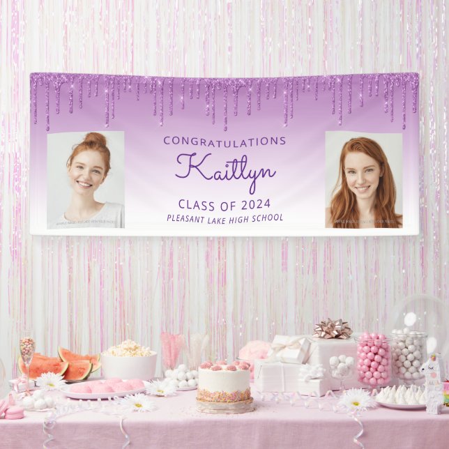 Klasse 2024 Lila Glitzer 2-Foto-Abschluss Banner (Party)