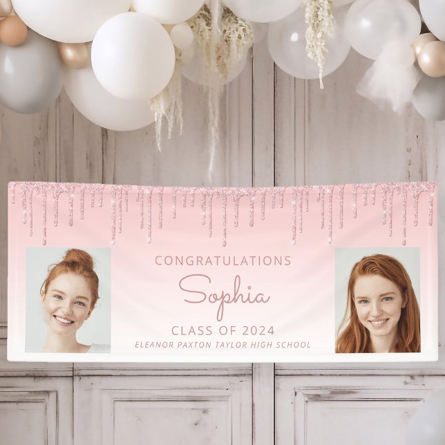 Klasse 2024 Rosa Glitzer 2-Foto Abschluss Banner (Von Creator hochgeladen)