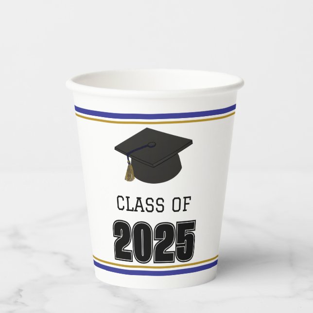 Klasse 2025 Blau und Gold Pappbecher (Vorderseite)