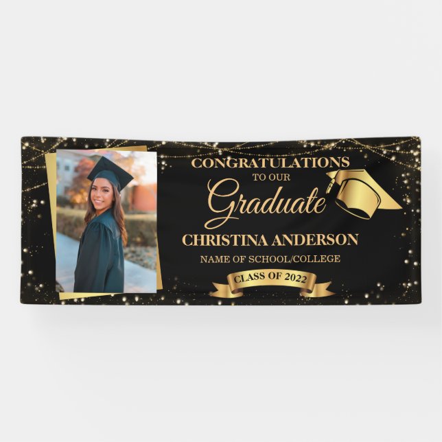 Klasse 2025 Elegantes Black Gold Abschluss Foto Banner (Horizontal)
