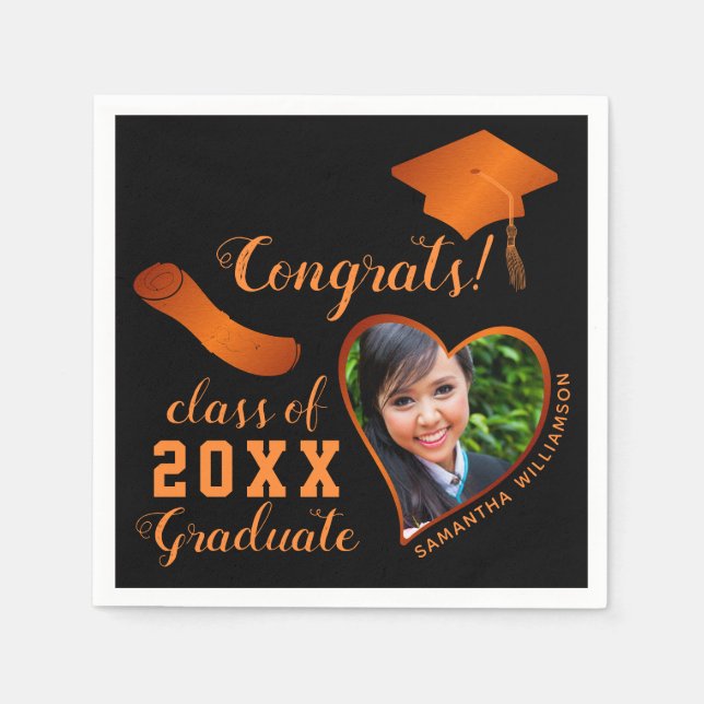 Klasse 2025 Grad Foto Black and Orange Abschluss Serviette (Vorderseite)