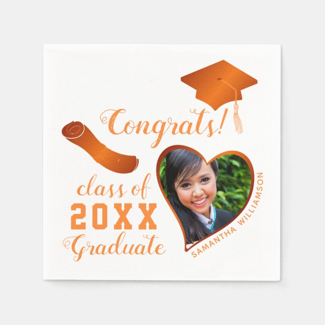 Klasse 2025 Grad Foto Weiß und Orange Abschluss Serviette (Vorderseite)