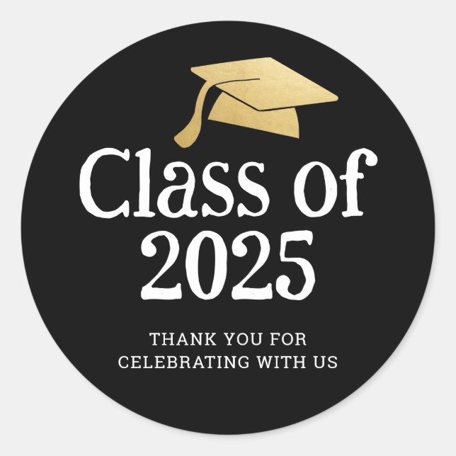 Klasse 2025 Graduate Hat | Danke, Black Runder Aufkleber (Vorderseite)