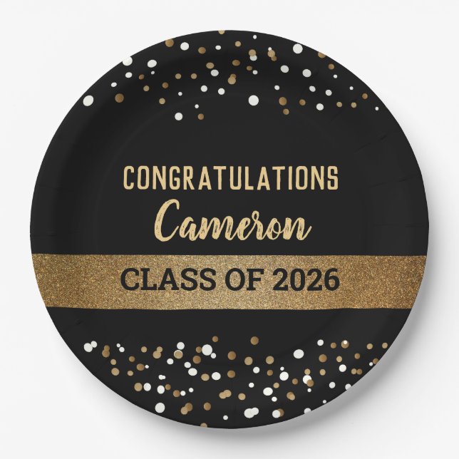 Klasse 2025 Graduate Name Gold Confetti Pappteller (Vorderseite)