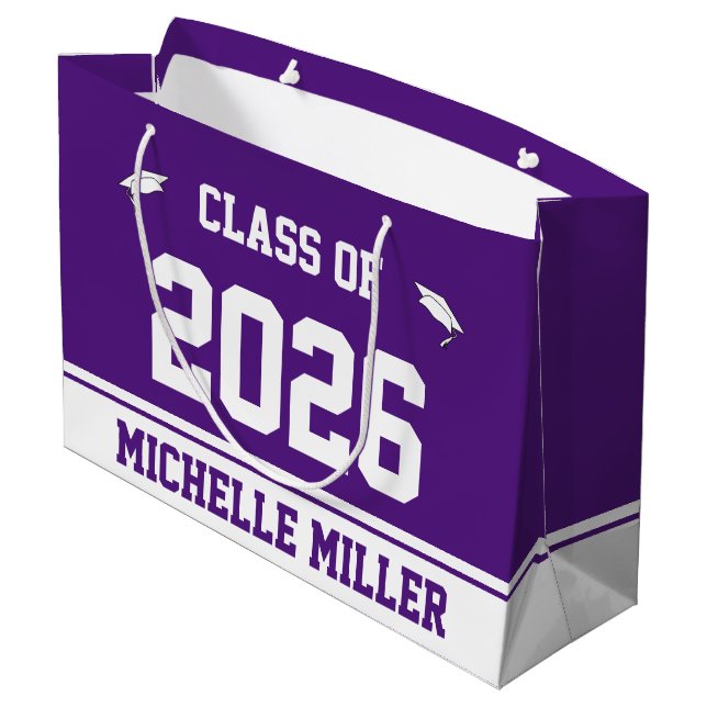 Klasse 2025 Graduate Name Royal Lila und weiß Große Geschenktüte (Rückseite Schrägansicht)