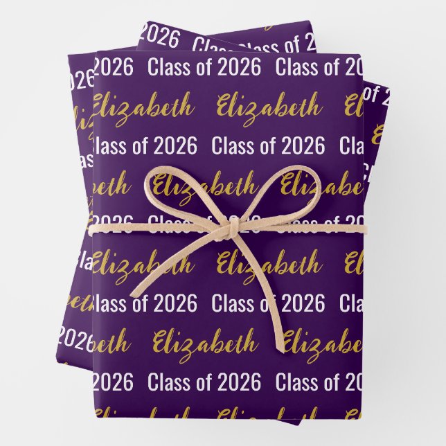 Klasse 2025 Graduate's Name Dk Lila White Gold Geschenkpapier Set (Beispiel)