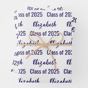 Klasse 2025 Graduate's Name White & Dark Blue Geschenkpapier Set