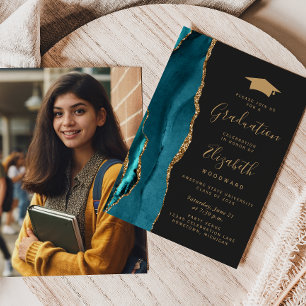 Klasse 2026 Teal Achat Foto-Mütze Dunkel Abschluss Einladung