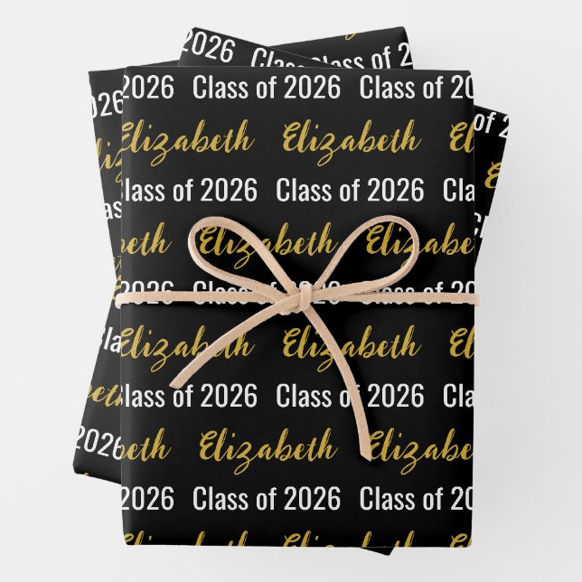 Klasse 2026 und Name des Absolventen Schwarz-weiße Geschenkpapier Set (Beispiel)
