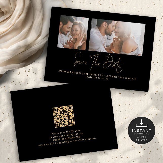 Klasse 2 Fotos Gold Black Wedding Save The Date (Front and back view)