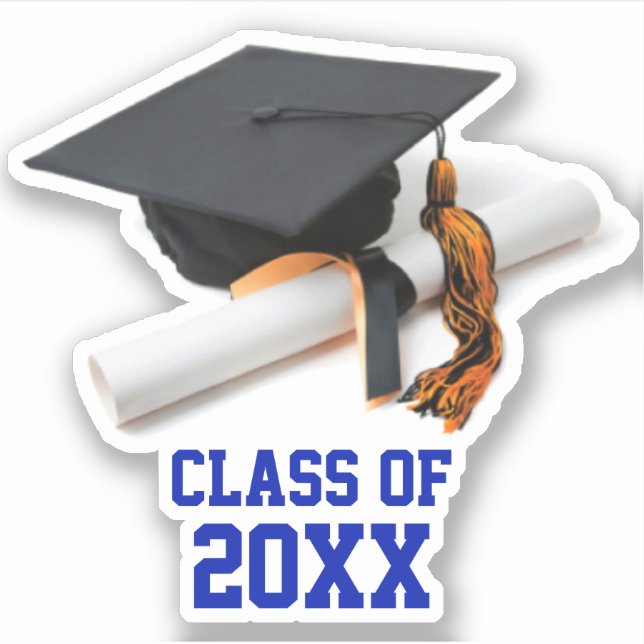 Klasse Blauer und Oranger Graduation Cap & Tassel Aufkleber (Vorderseite)