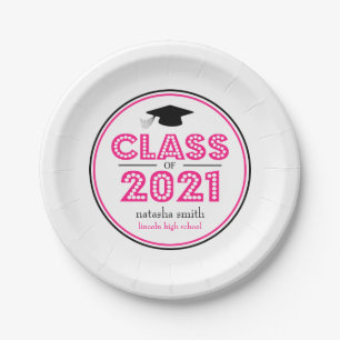 Klasse der 2021-Abschluss-Teller (Hot Pink) Pappteller