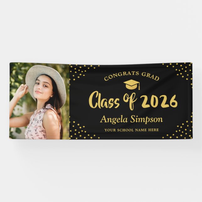 Klasse der Black Gold Foto Graduation Party 2023 Banner (Horizontal)