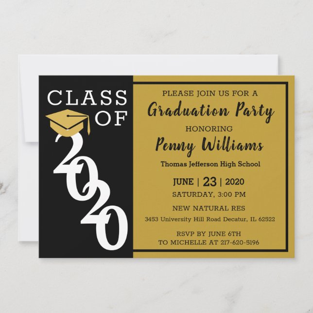 Klasse der Black Gold Modern Graduation Party 2020 Einladung (Vorderseite)