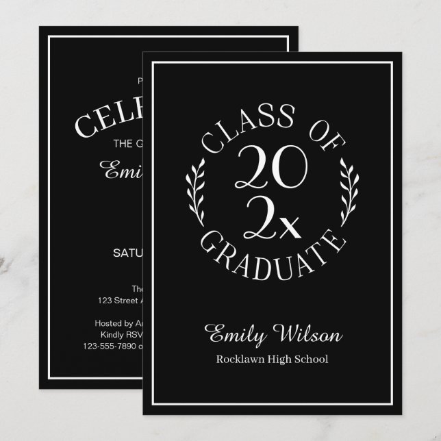 Klasse der Chic Black Graduation Party 2025 Einladung (Vorne/Hinten)