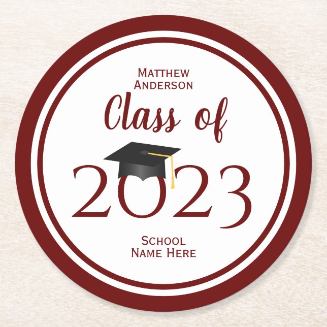 Klasse der Elegant Burgundy Graduation Party 2023 Runder Pappuntersetzer (Vorderseite)