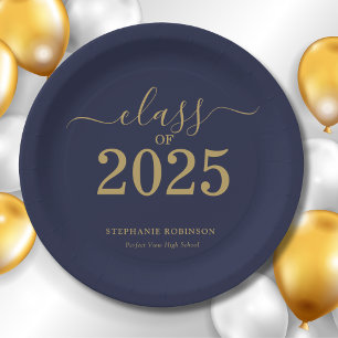 Klasse der Navy Blue Gold Graduation Party 2025 Pappteller