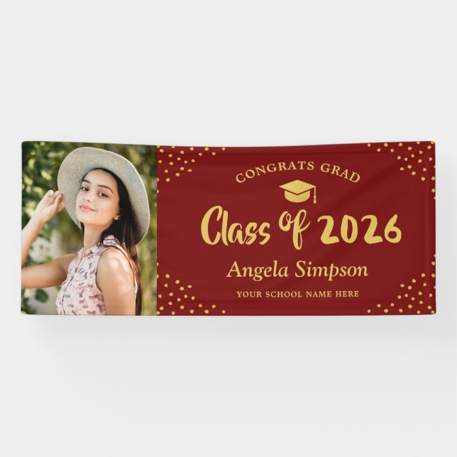 Klasse der Red Gold Foto Graduation Party 2026 Banner (Horizontal)