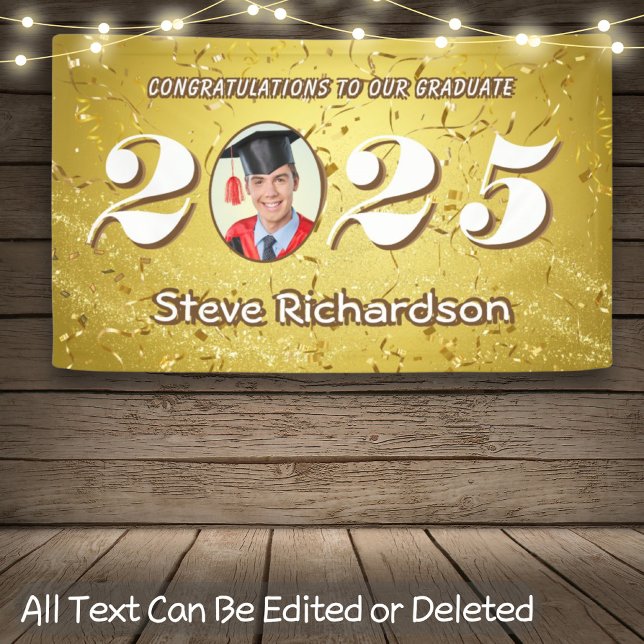 Klasse des 2025 Gold Confetti-Glitzer Custom Foto Banner (Von Creator hochgeladen)